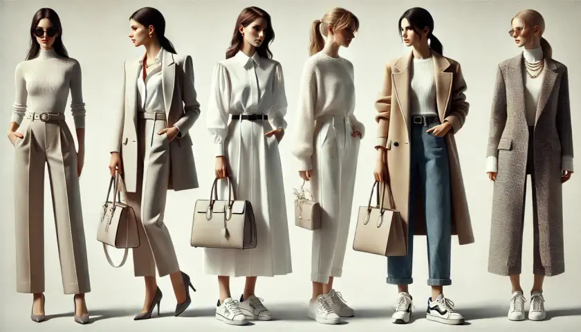 Sześć kobiet prezentuje styl casual: eleganckie płaszcze, spodnie i sukienki w stonowanych kolorach.