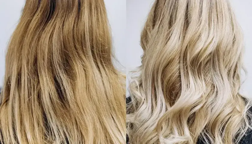 Przed i po: matowe, ciemne blond włosy zyskały blask i objętość dzięki subtelnemu balejażowi blond.