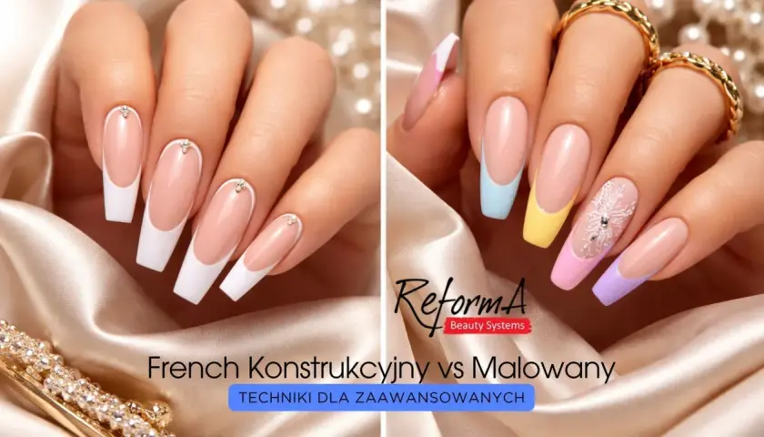 Dwie dłonie prezentują techniki zdobienia paznokci: klasyczny french konstrukcyjny z cyrkoniami i kolorowy french malowany z motywem płatka śniegu.