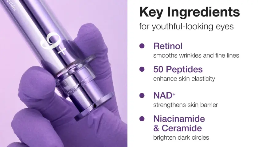 Ręka w fioletowej rękawiczce trzyma metalowy aplikator z napisem "9+". Produkt zawiera retinol, 50 peptydów, NAD+ i niacynamid z ceramidem.