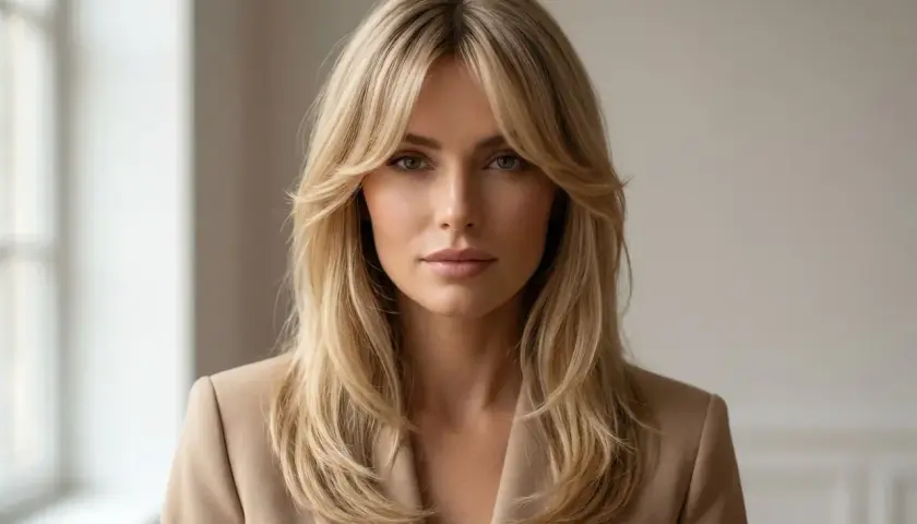 Kobieta z blond włosami i grzywką curtain bangs, w beżowej marynarce. Idealna fryzura dla każdej kobiety, która chce podkreślić swoją twarz.