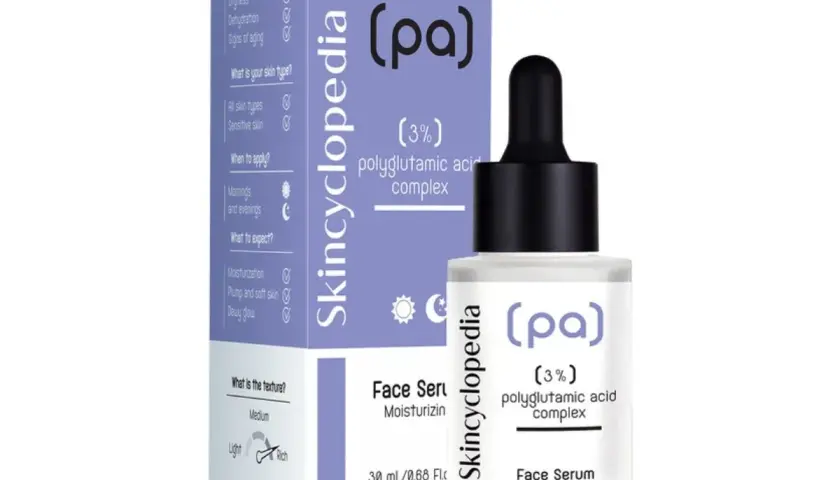 Serum z kwasem poliglutaminowym Skincyclopedia dla nawilżonej, miękkiej i promiennej skóry.