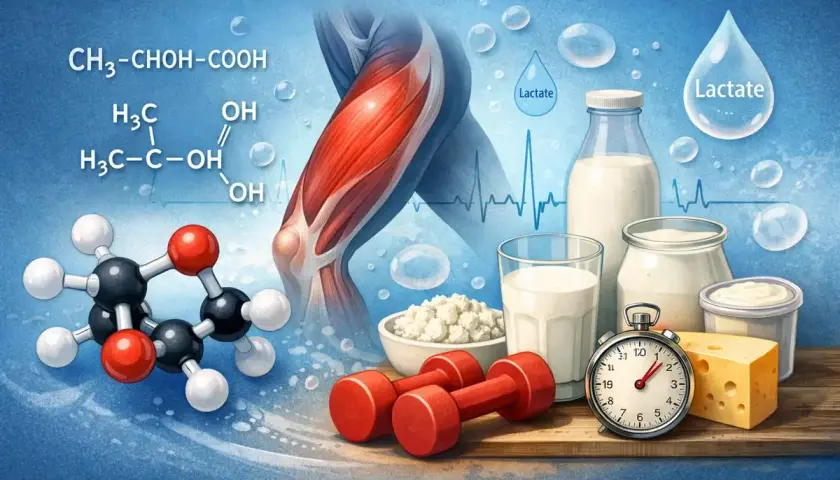 Mięśnie, odważniki i produkty mleczne. W tle wzory chemiczne kwasu mlekowego i krople z napisem "Lactate".