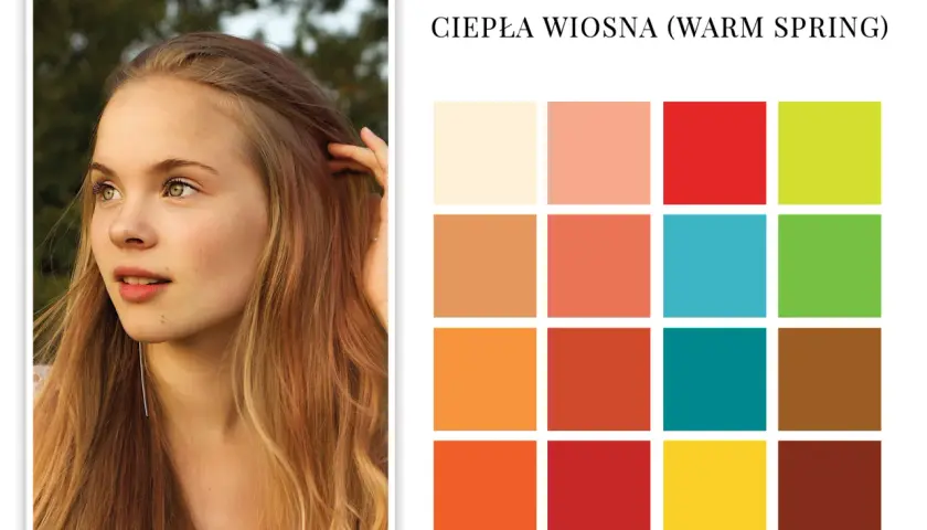 Młoda kobieta o ciepłym typie urody wiosna, obok paleta barw: kremowy, brzoskwiniowy, czerwony, limonkowy, pomarańczowy, koralowy, turkusowy, zielony, karmelowy, ceglasty, brązowy.