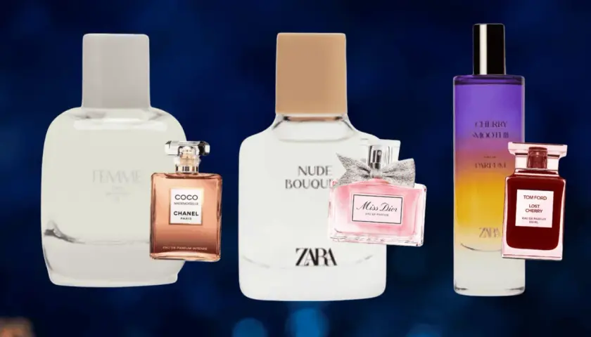 Perfumy ZARA Red Temptation to odpowiednik dla miłośniczek słodkich, owocowych zapachów. Na zdjęciu m.in. Miss Dior, Chanel Coco Mademoiselle.