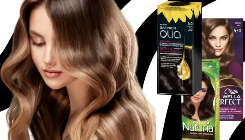 Kobieta z lśniącymi, falowanymi włosami w odcieniu czekoladowy brąz. Obok opakowania farb do włosów Garnier Olia, Joanna Naturia i Wella.