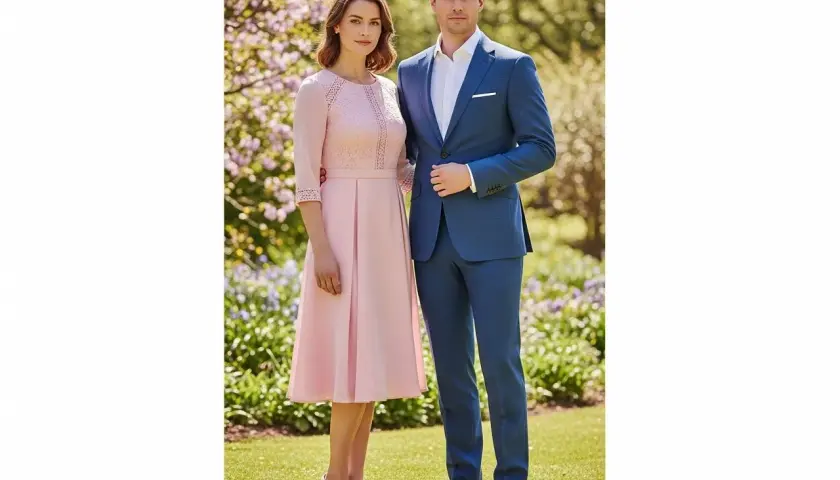 Elegancka stylizacja na chrzciny: kobieta w pudrowej sukience z koronką, mężczyzna w niebieskim garniturze.