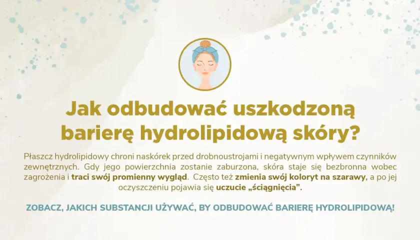 Grafika z pytaniem "Jak odbudować uszkodzoną barierę hydrolipidową skóry?". Wzmianka o kwasie linolowym jako kluczowym składniku odbudowy.