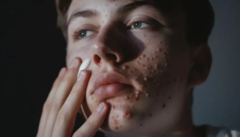 Młoda osoba z pryszczami na twarzy aplikuje krem. Czy sudocrem jest dobry na pryszcze? To pytanie nurtuje wielu.