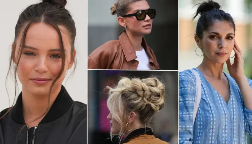 Kobiety w różnych stylizacjach z upięciami typu messy bun. Jedna ma luźny kok z grzywką, druga elegancki, a trzecia warkoczowy.