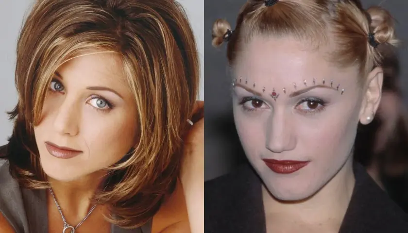 Ikony stylu lat 90. Jennifer Aniston z klasyczną fryzurą i Gwen Stefani z odważnym makijażem i kucykami.