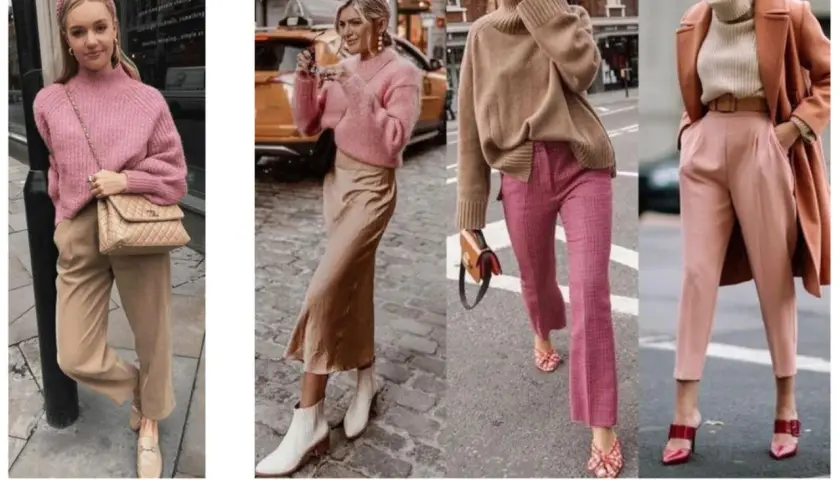 Stylizacje z różowymi swetrami i spodniami w odcieniach różu i beżu. Jaki to kolor? To elegancki beż, który świetnie komponuje się z pastelami.