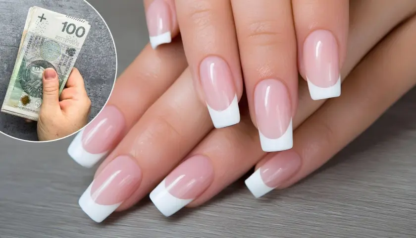Dłonie z perfekcyjnym french manicure i stos banknotów 100 zł. Ile zarabia stylistka paznokci?