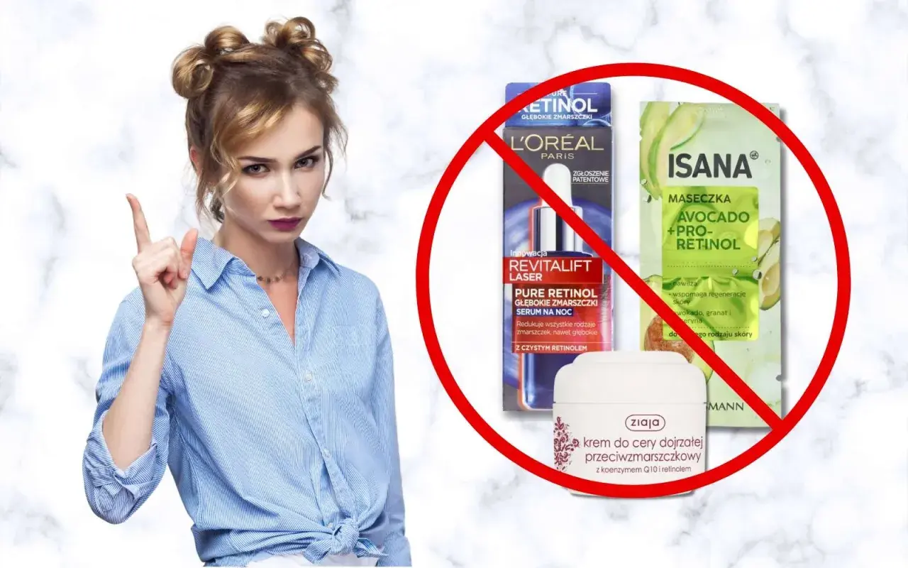 Kobieta z zakazem na kosmetyki z retinolem. L'Oréal i Isana z pro-retinolem, Ziaja z retinolem.