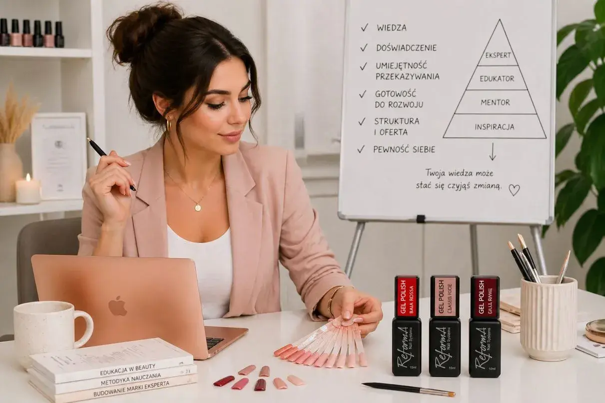 Ekspertka od stylizacji paznokci analizuje ceny, zastanawiając się, ile kosztuje pedicure. Na stole próbki lakierów i produkty.
