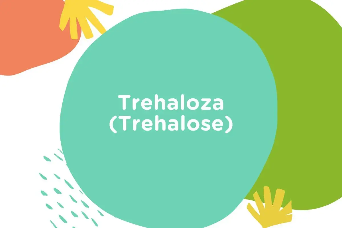 Kolorowe kształty i tekst "Trehaloza (Trehalose)". Ta substancja, trehaloza, jest cukrem występującym naturalnie.