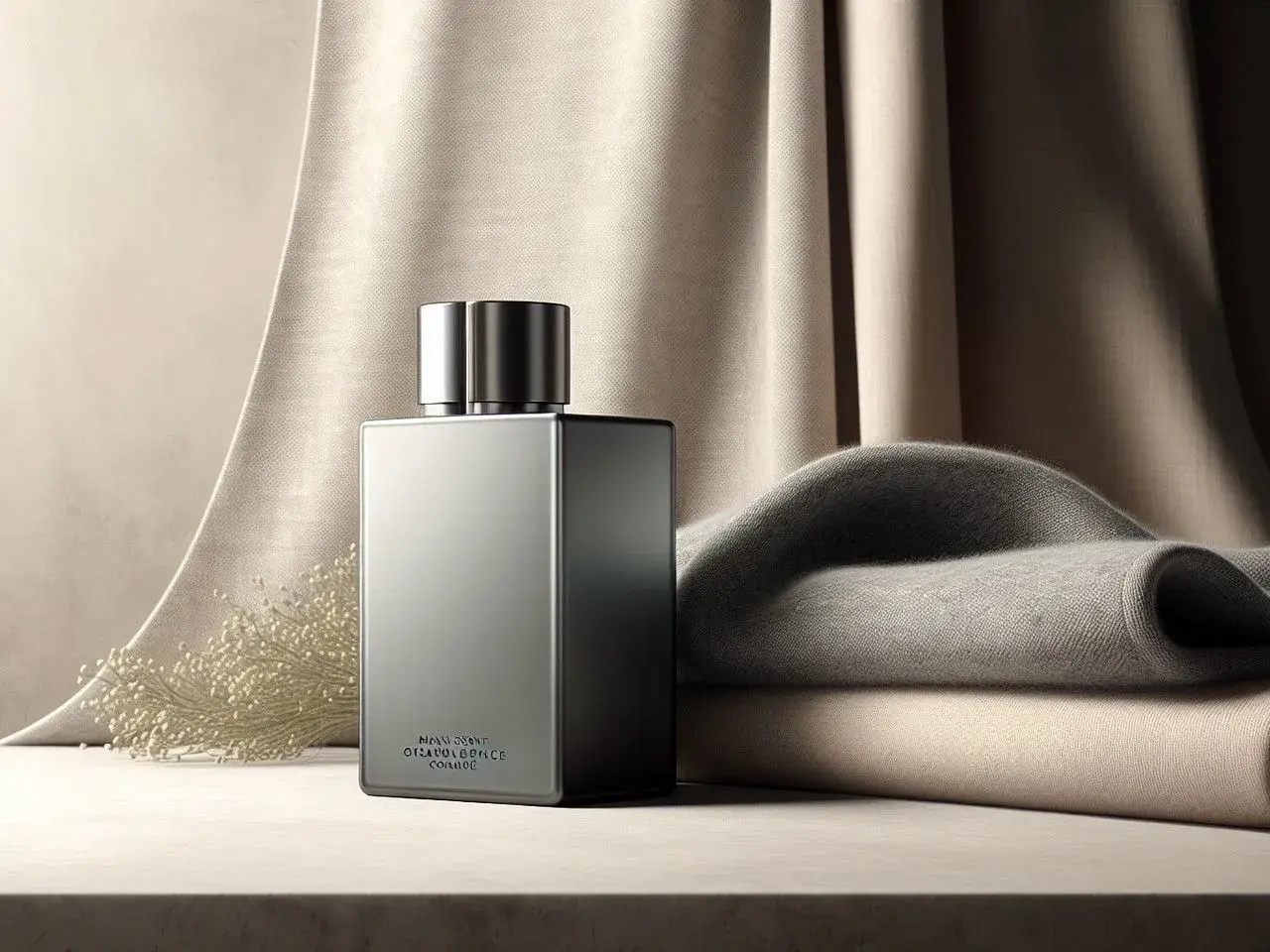 Elegancka butelka perfum męskich, idealna do rankingu zapachów. Miękkie tkaniny i delikatne gałązki tworzą luksusową kompozycję.
