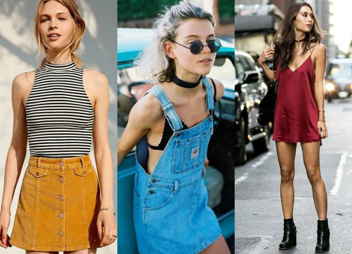 Trzy kobiety w stylizacjach inspirowanych modą lat 90.: w sztruksowej spódniczce, jeansowej sukience na szelkach i satynowej sukience.