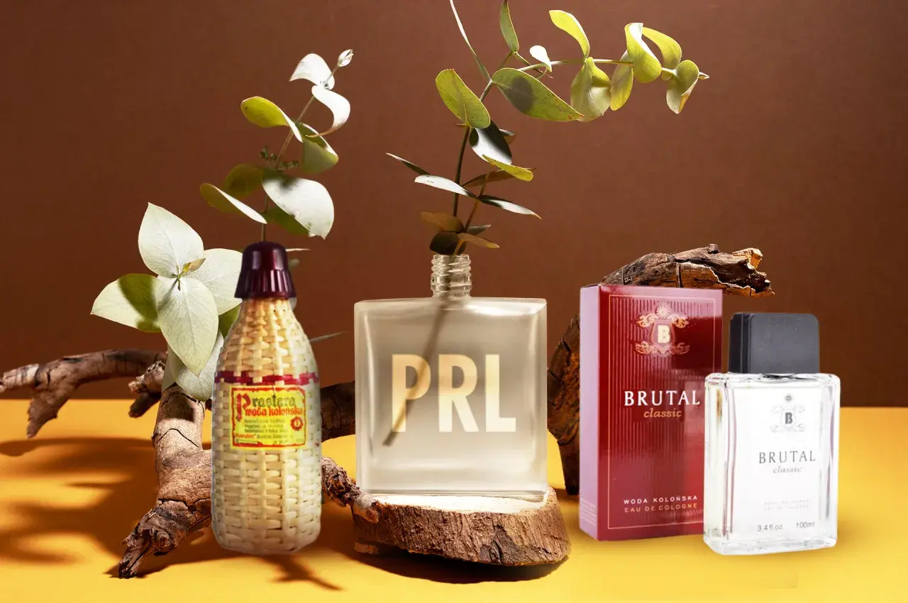 Wspomnienie PRL-u: Prastara woda kolońska w plecionej butelce i Brutal Classic – dawne perfumy z Pewexu.