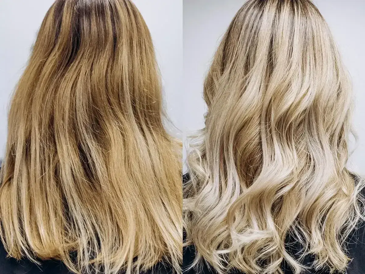 Przed i po: matowe, ciemne blond włosy zyskały blask i objętość dzięki subtelnemu balejażowi blond.