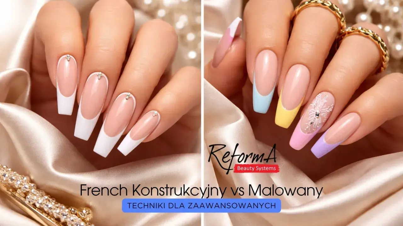 Dwie dłonie prezentują techniki zdobienia paznokci: klasyczny french konstrukcyjny z cyrkoniami i kolorowy french malowany z motywem płatka śniegu.