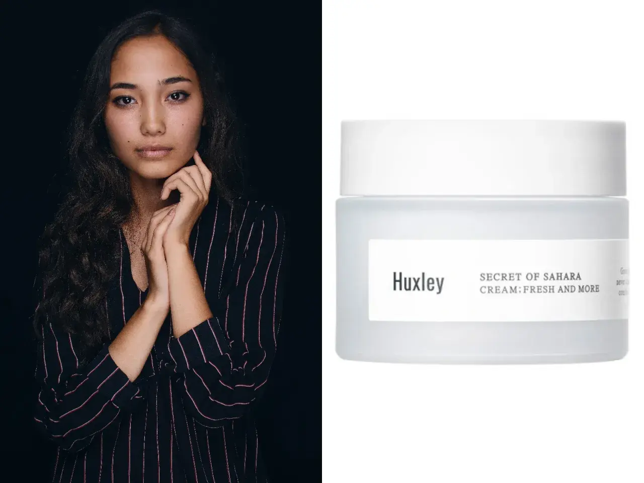 Młoda kobieta z ciemnymi włosami obok kremu Huxley. Produkt jest niekomedogenny, idealny dla wrażliwej skóry.
