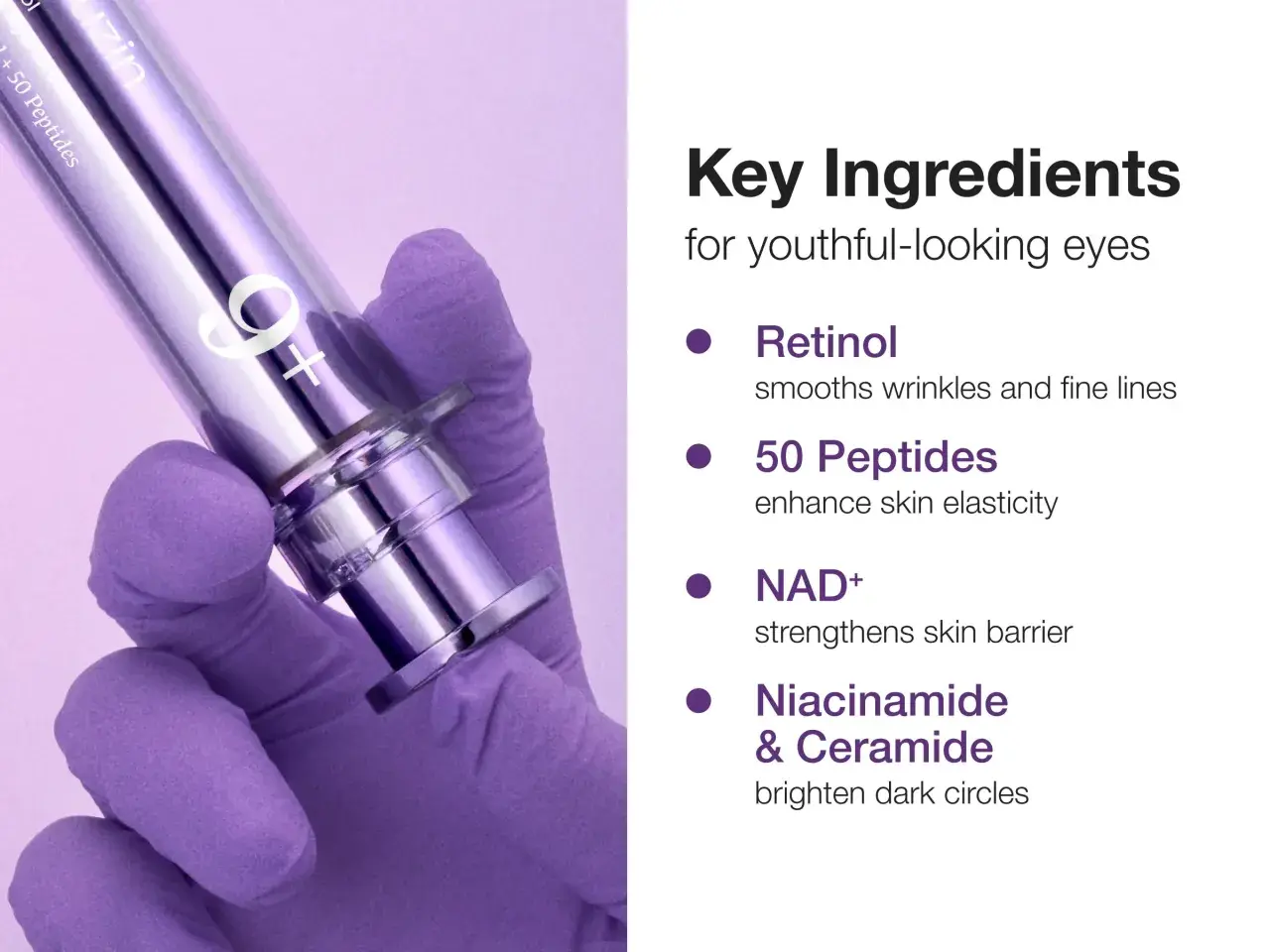 Ręka w fioletowej rękawiczce trzyma metalowy aplikator z napisem "9+". Produkt zawiera retinol, 50 peptydów, NAD+ i niacynamid z ceramidem.