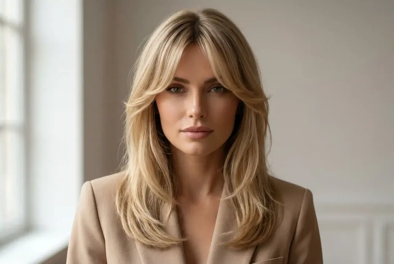 Kobieta z blond włosami i grzywką curtain bangs, w beżowej marynarce. Idealna fryzura dla każdej kobiety, która chce podkreślić swoją twarz.