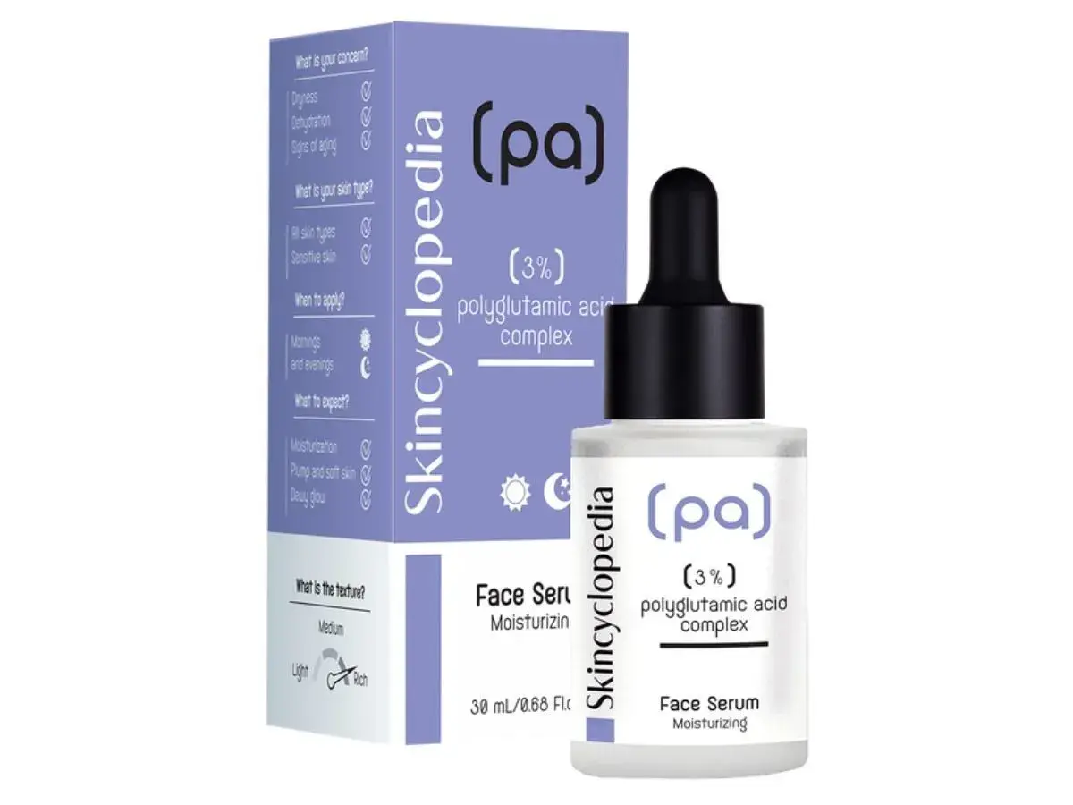 Serum z kwasem poliglutaminowym Skincyclopedia dla nawilżonej, miękkiej i promiennej skóry.