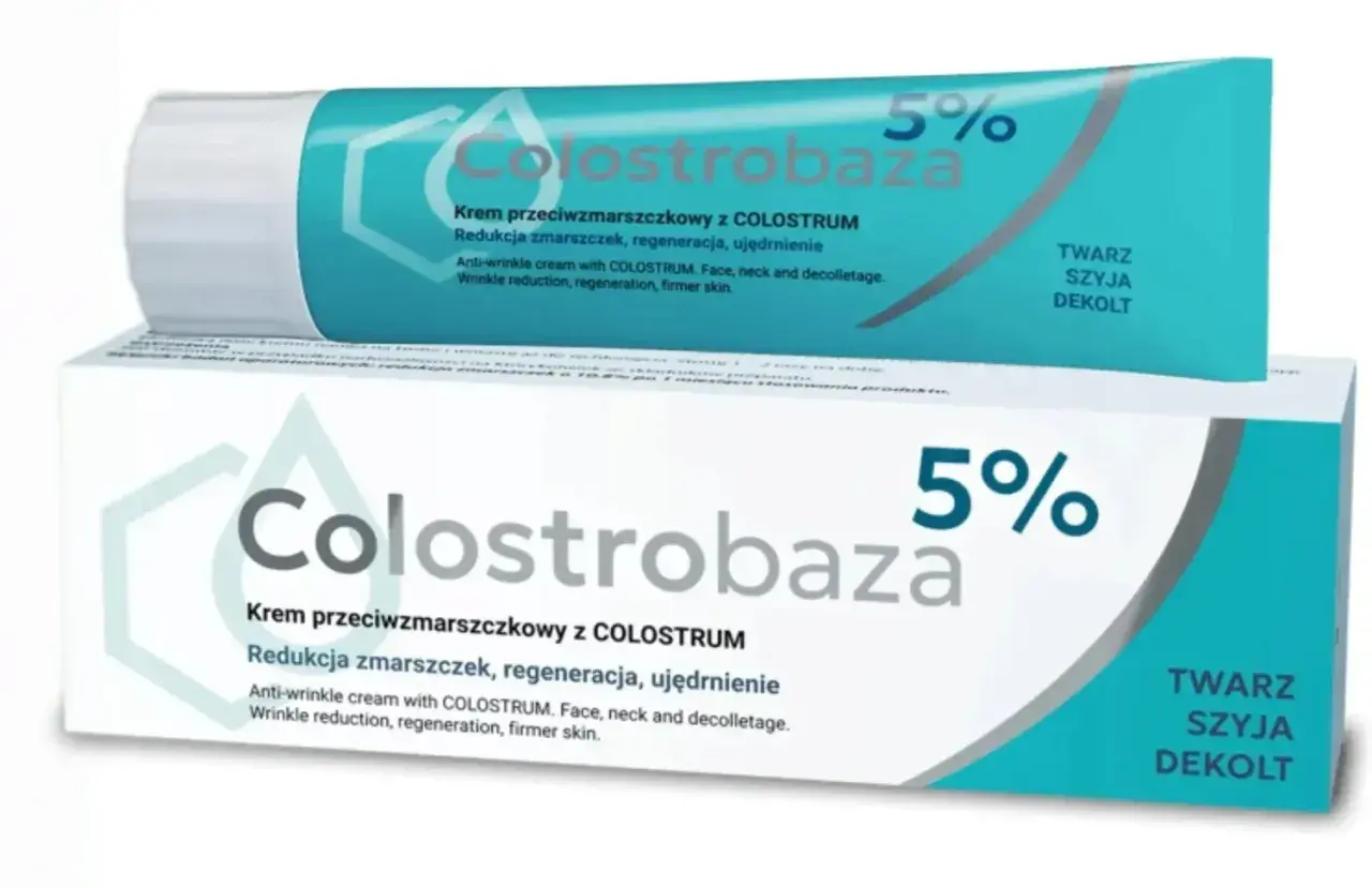 Colostrobaza 5% - krem przeciwzmarszczkowy z colostrum. Redukuje zmarszczki, regeneruje i ujędrnia skórę twarzy, szyi i dekoltu.