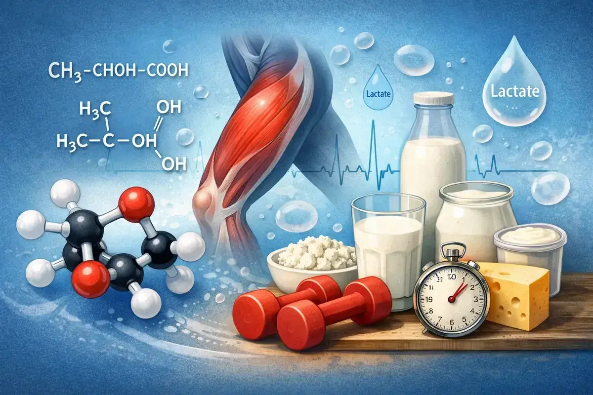 Mięśnie, odważniki i produkty mleczne. W tle wzory chemiczne kwasu mlekowego i krople z napisem "Lactate".