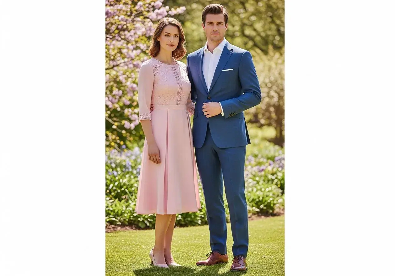 Elegancka stylizacja na chrzciny: kobieta w pudrowej sukience z koronką, mężczyzna w niebieskim garniturze.