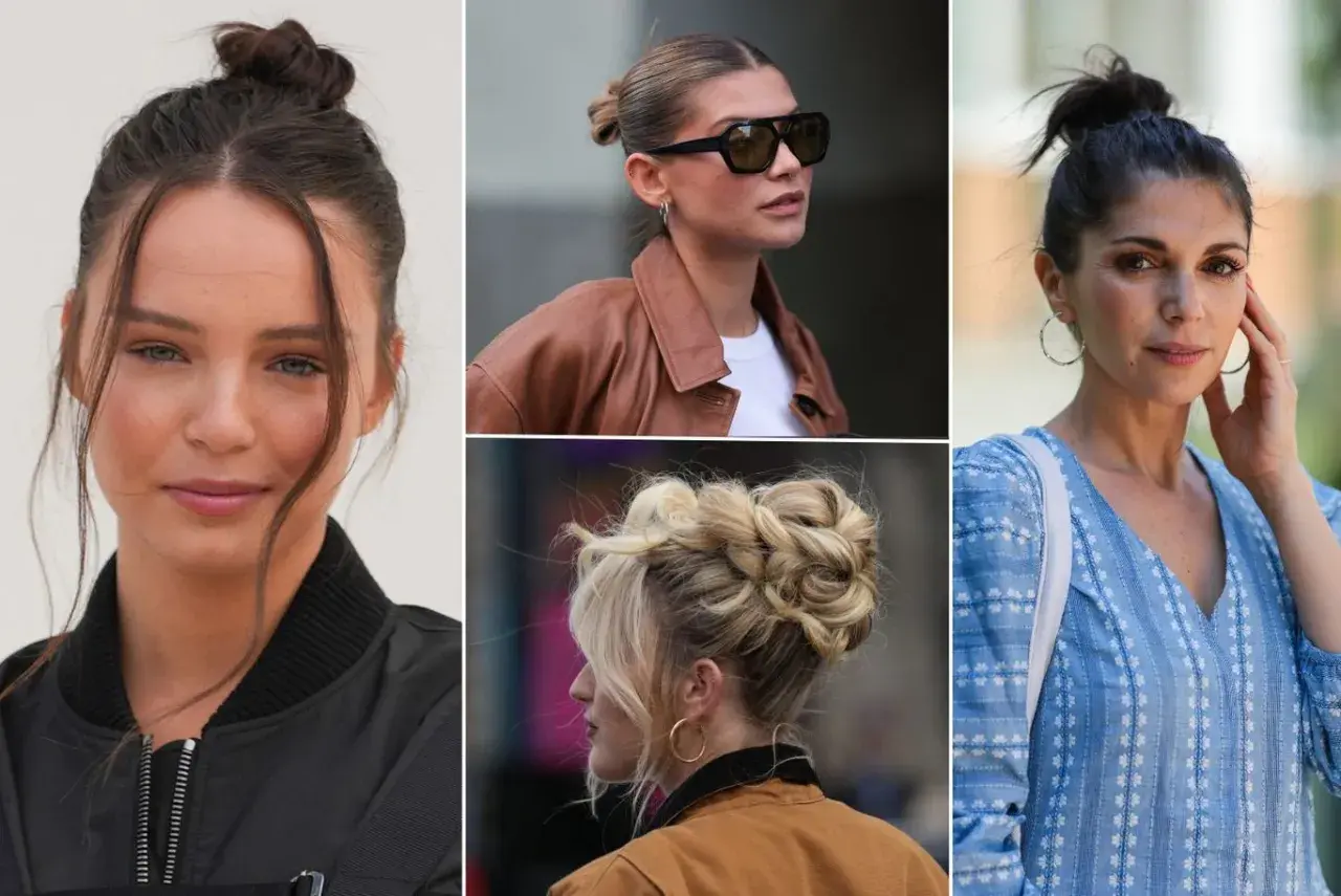 Kobiety w różnych stylizacjach z upięciami typu messy bun. Jedna ma luźny kok z grzywką, druga elegancki, a trzecia warkoczowy.