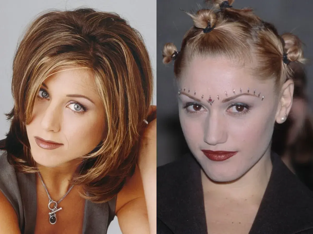 Ikony stylu lat 90. Jennifer Aniston z klasyczną fryzurą i Gwen Stefani z odważnym makijażem i kucykami.