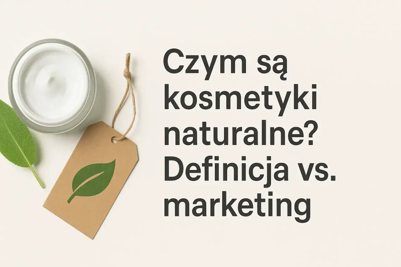 Słoik kremu, liść i etykieta z symbolem liścia. Tekst: "Czym są kosmetyki naturalne? Definicja vs. marketing". Fitokosmetik.