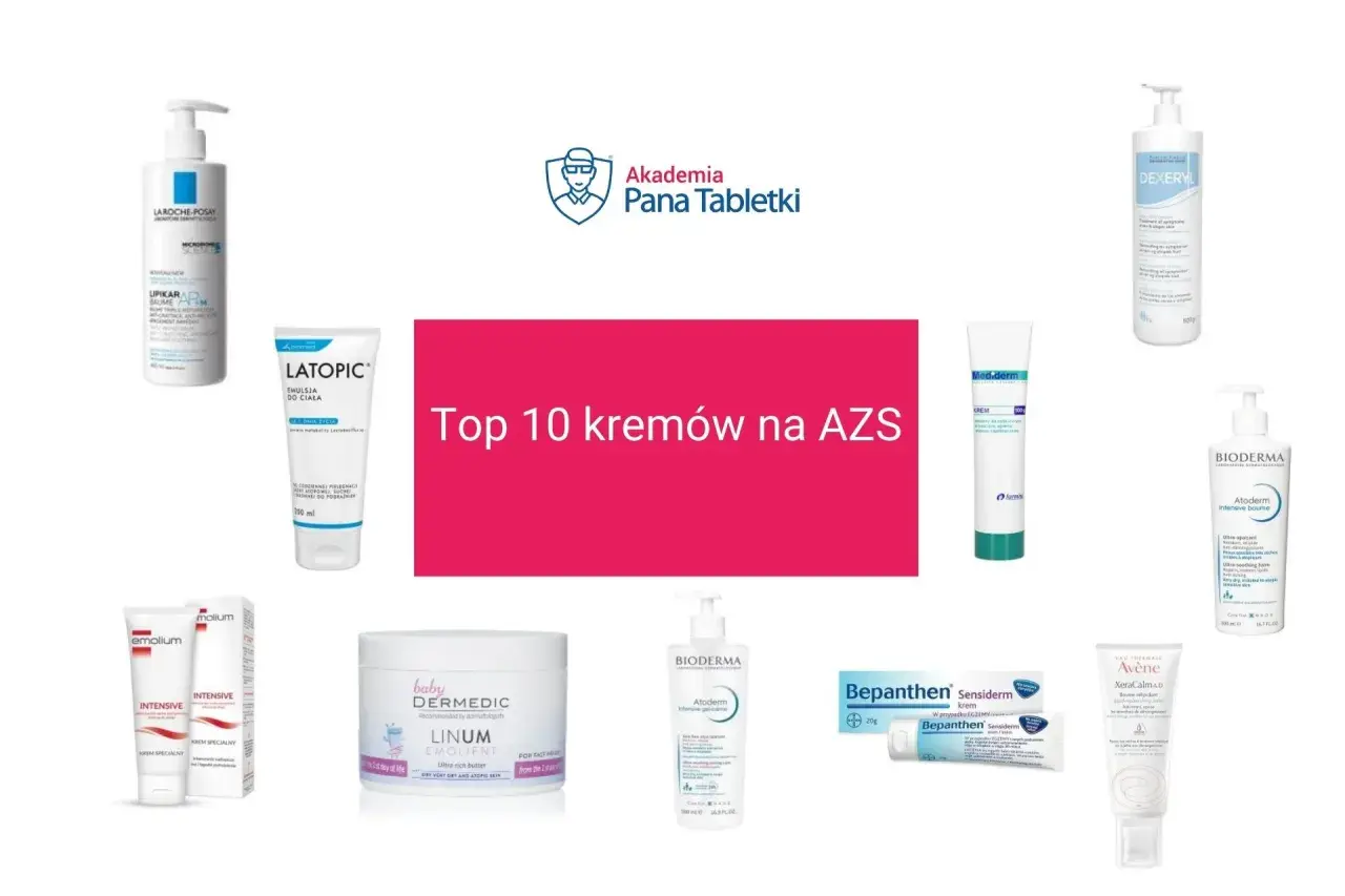 Bioderma Atoderm Intensive Baume to jeden z topowych kremów na AZS. Na zdjęciu widać go obok innych dermokosmetyków.