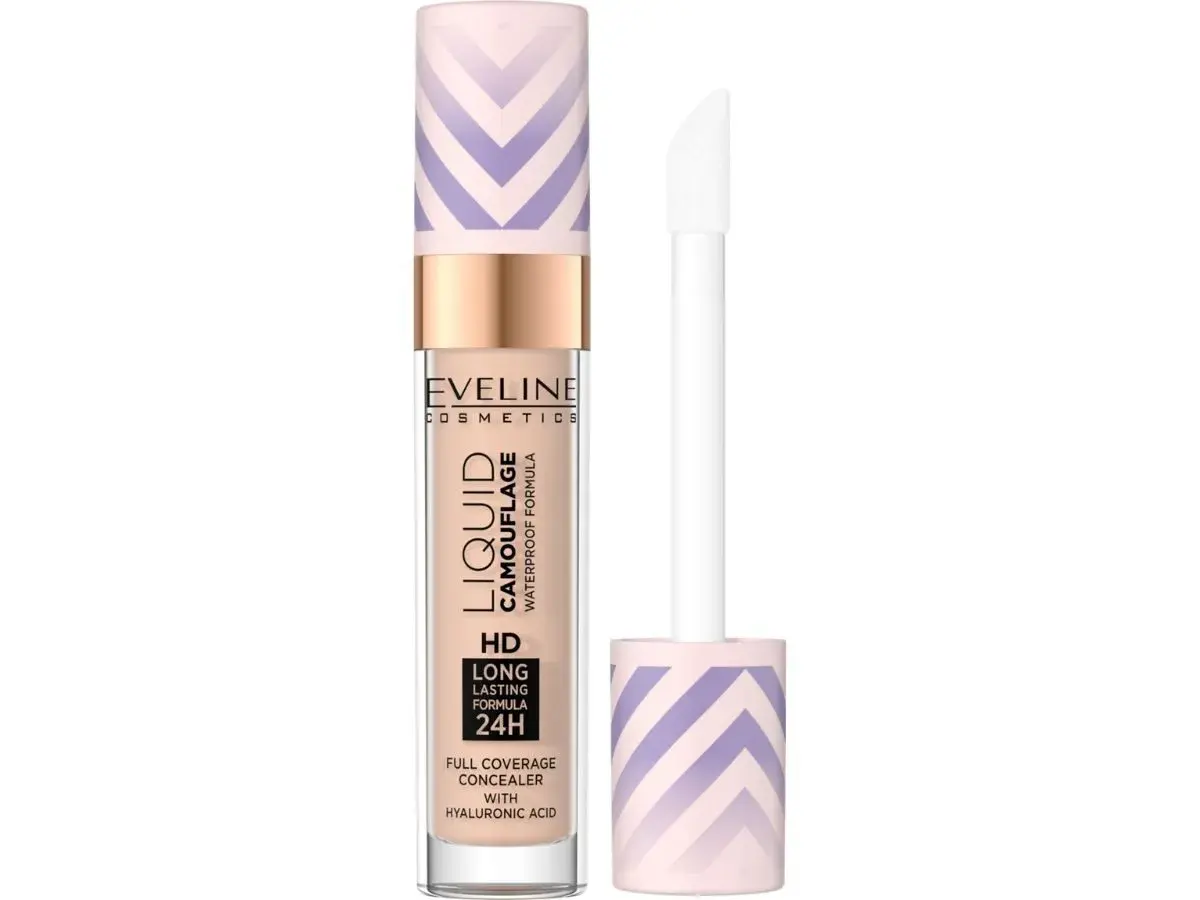 Korektor rozświetlający pod oczy Eveline Liquid Camouflage z Rossmanna, wodoodporny, kryjący, z kwasem hialuronowym.