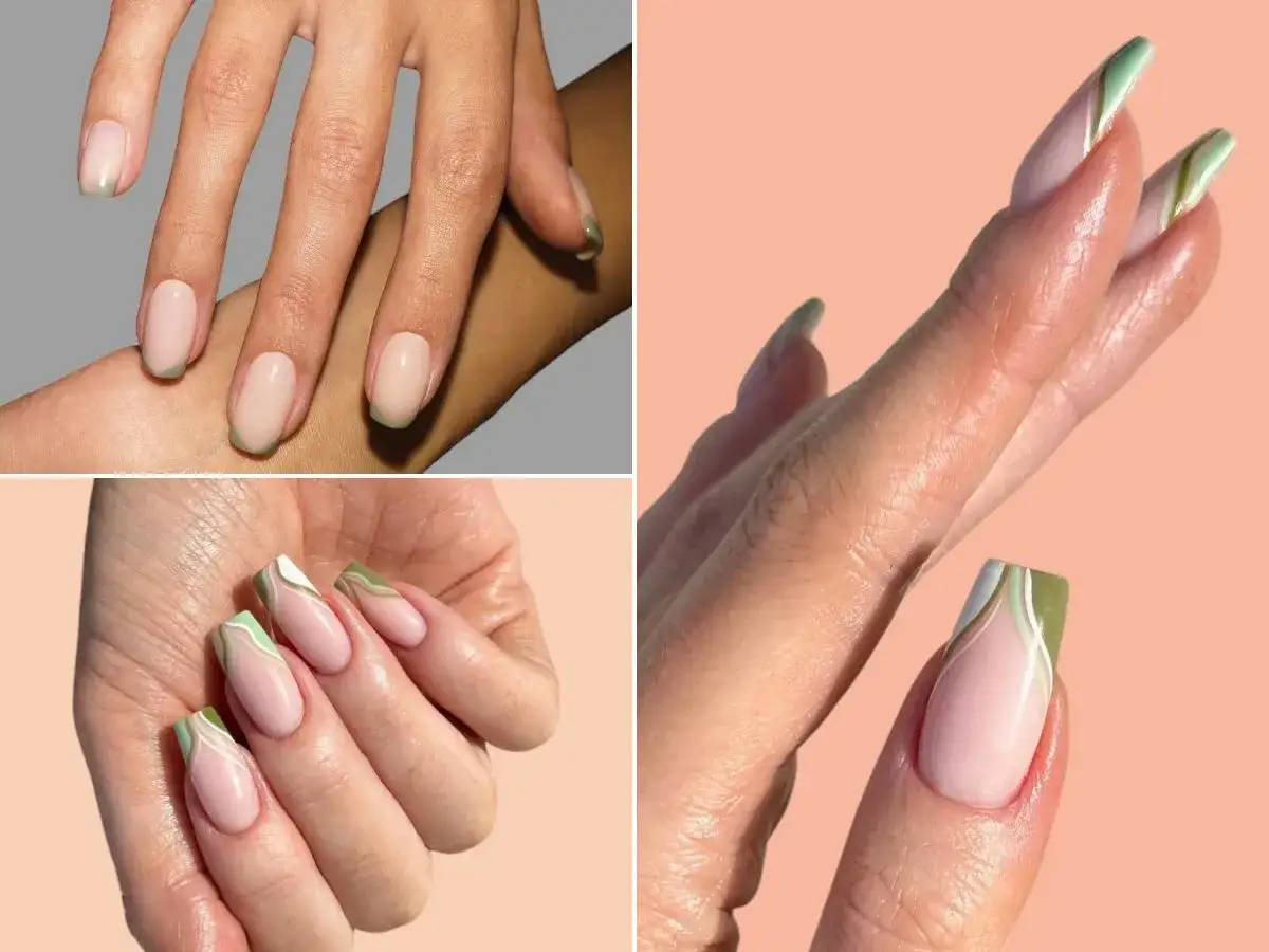Elegancki zielony french na paznokciach. Delikatny beż i subtelne zielone linie tworzą nowoczesny manicure.