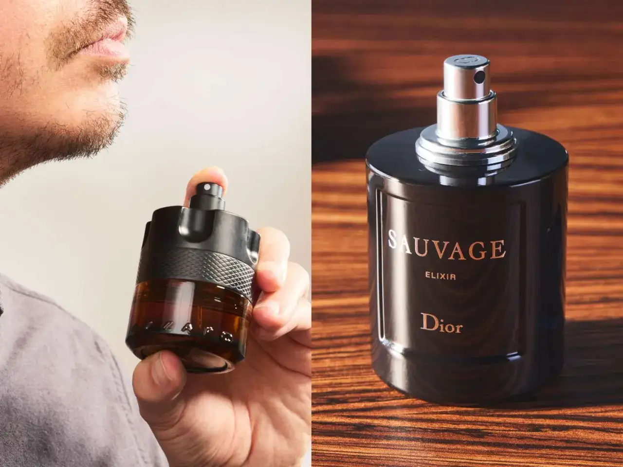 Mężczyzna testuje jedne z najlepszych męskich perfum: flakon Dior Sauvage Elixir i inny, ciemnobursztynowy flakon.