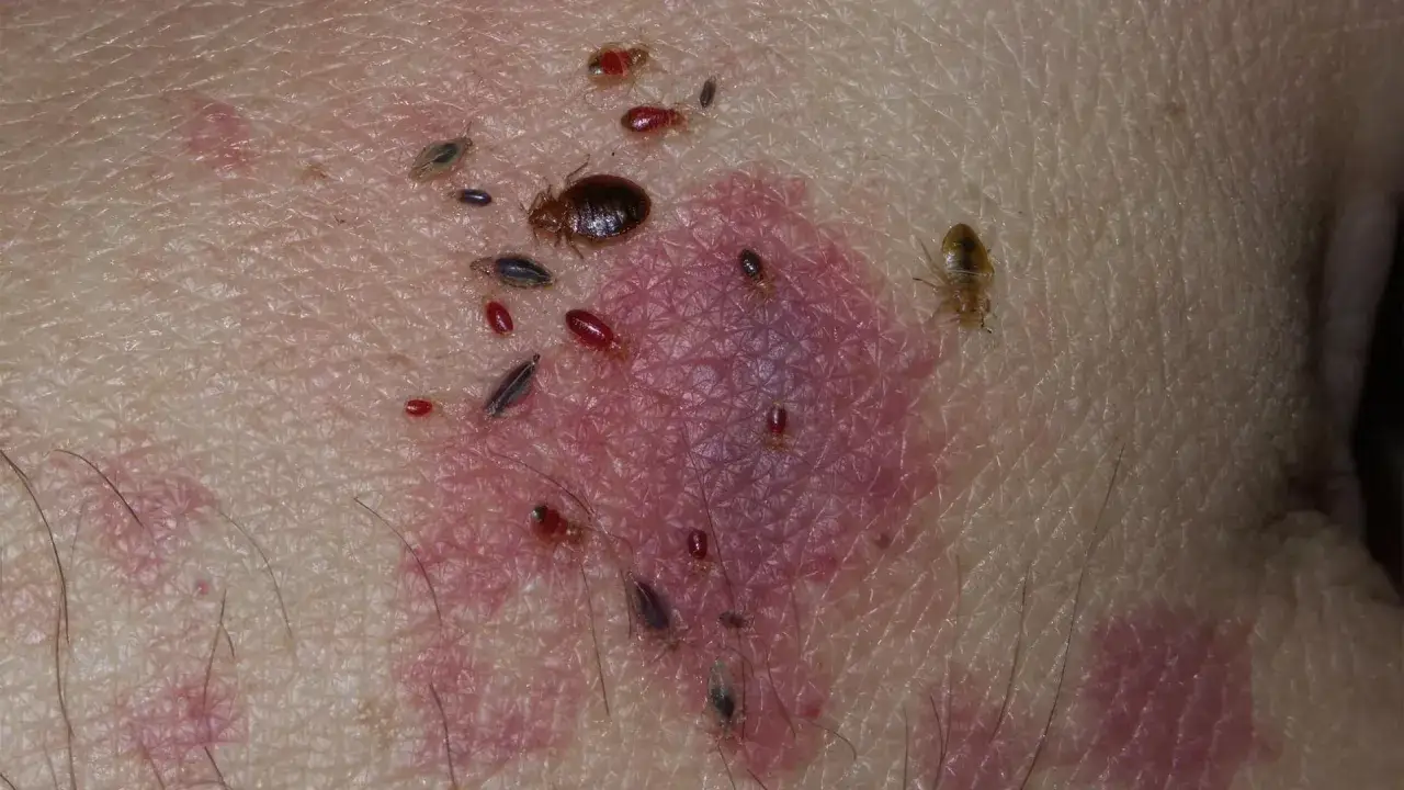Plaga pluskiew na skórze, powodująca okropne swędzenie w łóżku. Widać dorosłe owady i ich larwy.
