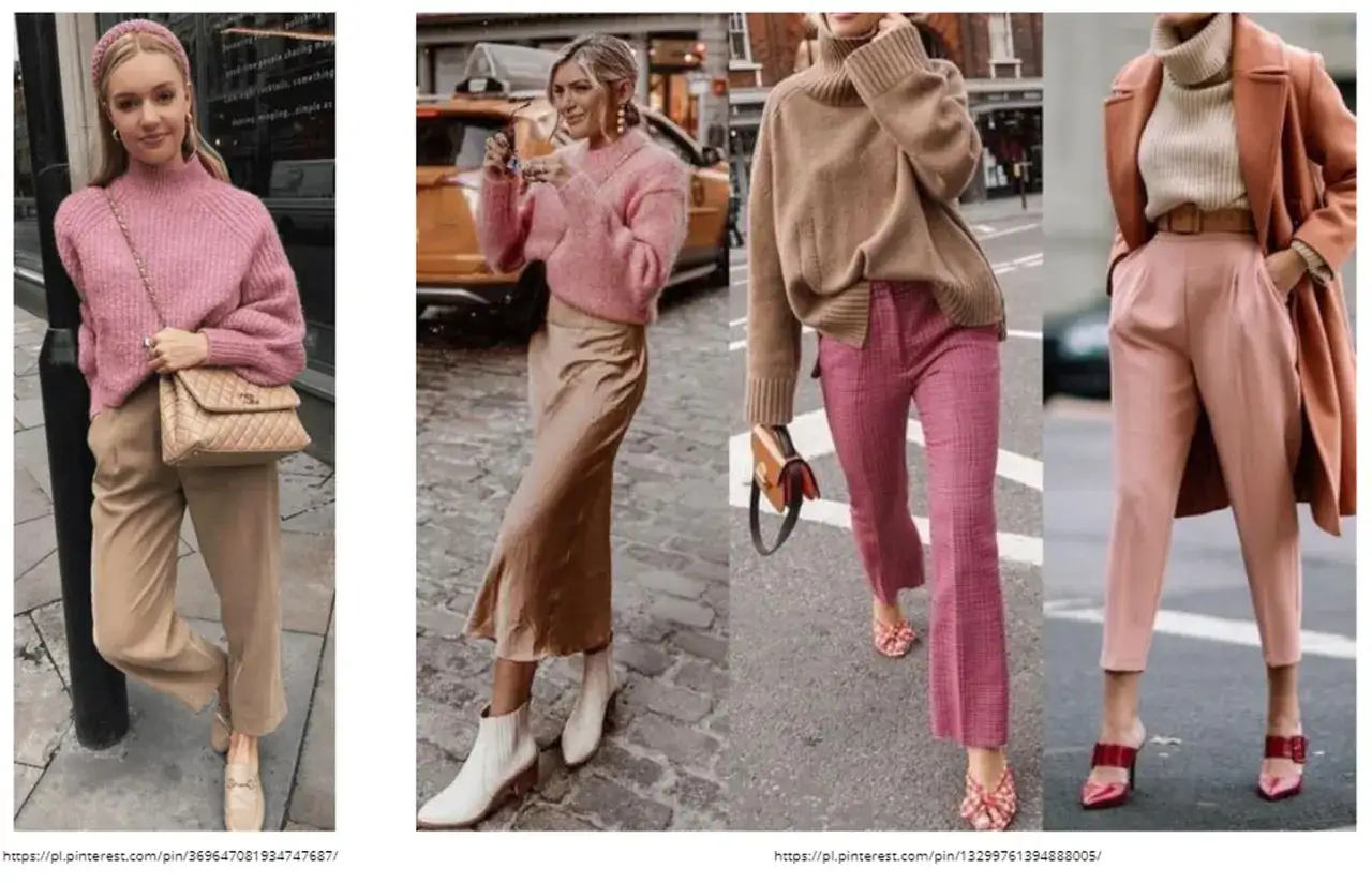 Stylizacje w odcieniach różu i beżu. Eleganckie spodnie, spódnica i swetry w stylu kolor nude.