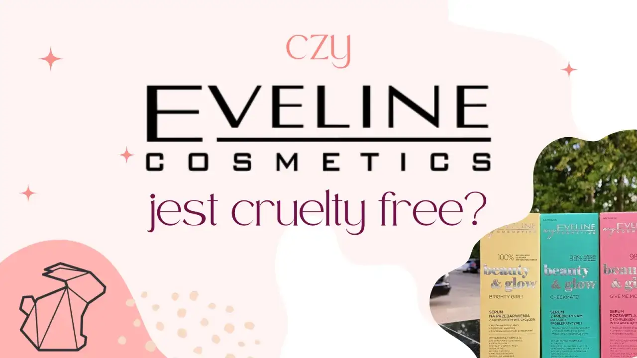 Czy Eveline testuje na zwierzętach? Grafika z logo Eveline Cosmetics i pytaniem 