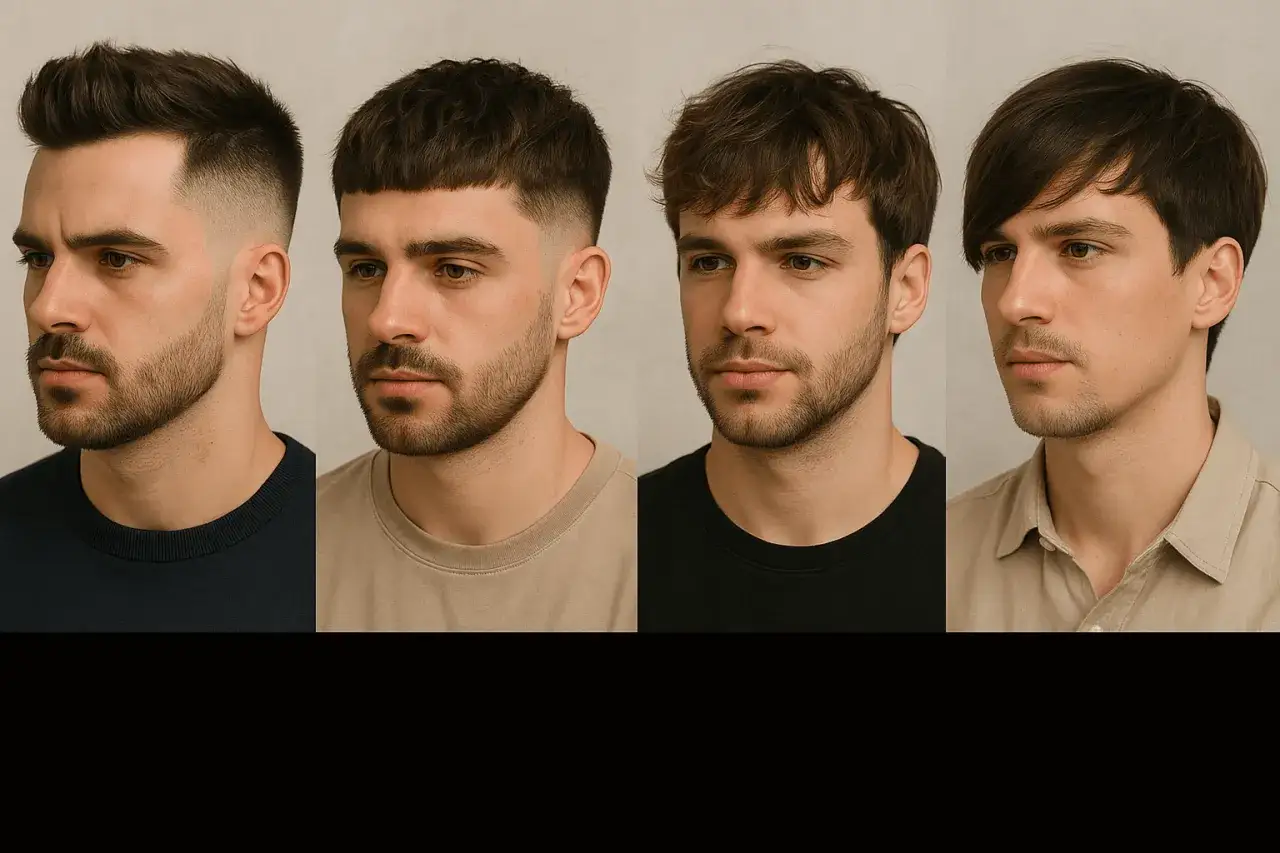 Czterech młodych mężczyzn, każdy szatyn, prezentuje różne fryzury.