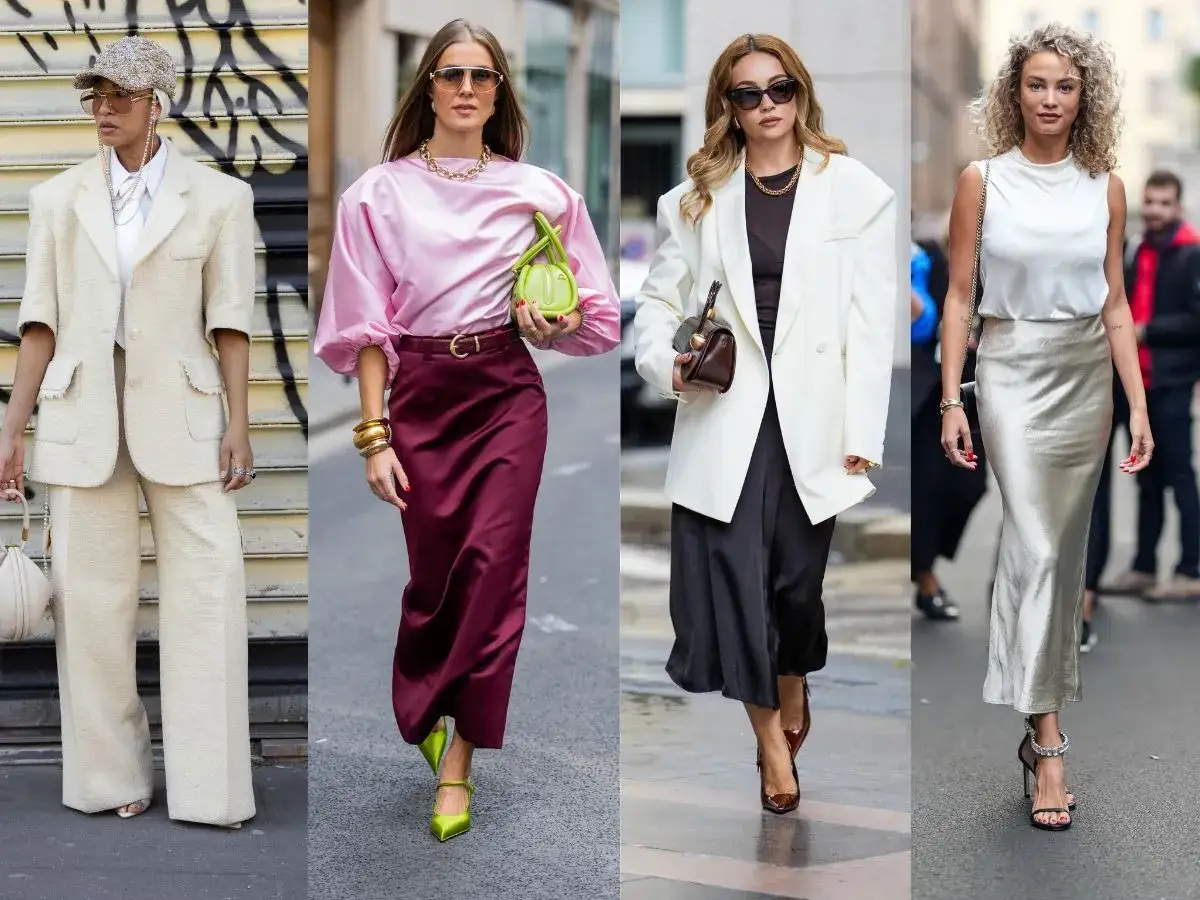 Eleganckie mama na komunii stylizacje: kremowy garnitur, różowa bluzka z satynową spódnicą, biała marynarka z czarną sukienką, biała bluzka ze srebrną spódnicą.