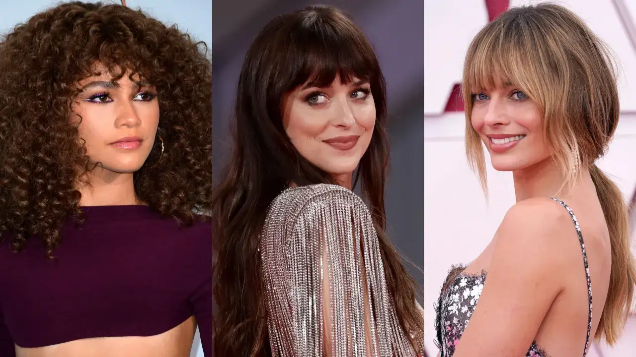 Zendaya, Dakota Johnson i Margot Robbie w różnych odsłonach. Grzywka curtain bangs pasuje do każdej z nich, podkreślając ich urodę.