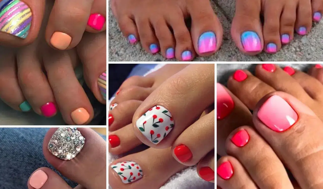 Kolorowe, letnie wzory na paznokciach u stóp: ombre, paski, wiśnie i brokat. Idealny pedicure hybrydowy na lato!