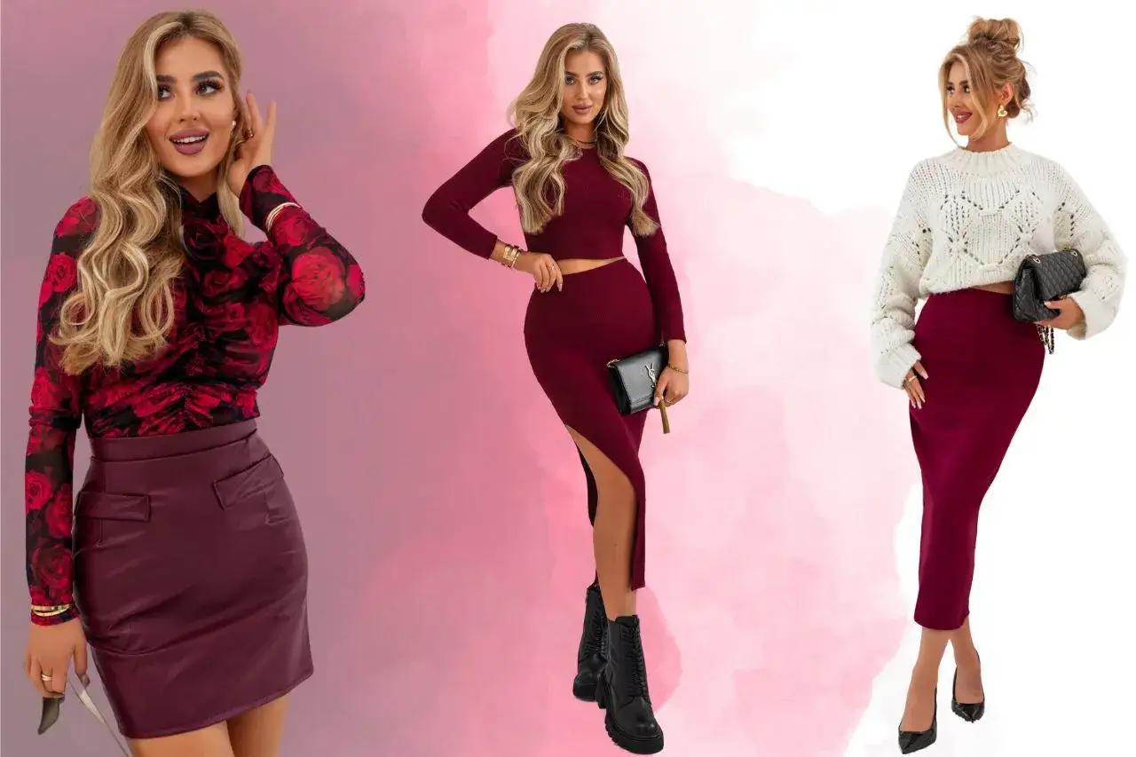 Trzy kobiety prezentują stylizacje w odcieniach bordo. Jedna w bluzce w róże i skórzanej spódniczce, druga w dopasowanym komplecie, trzecia w swetrze i ołówkowej spódnicy. Kolor na o.