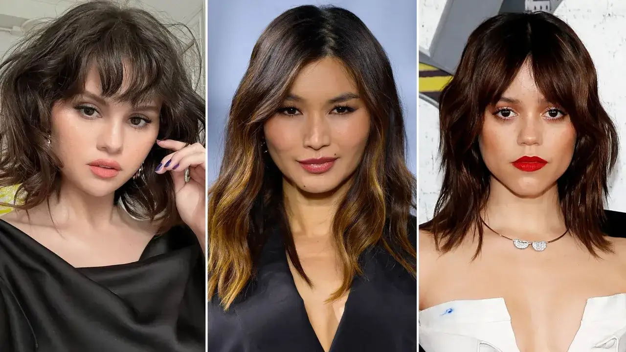 Trzy kobiety z włosami średniej długości: Selena Gomez, Gemma Chan i Jenna Ortega.