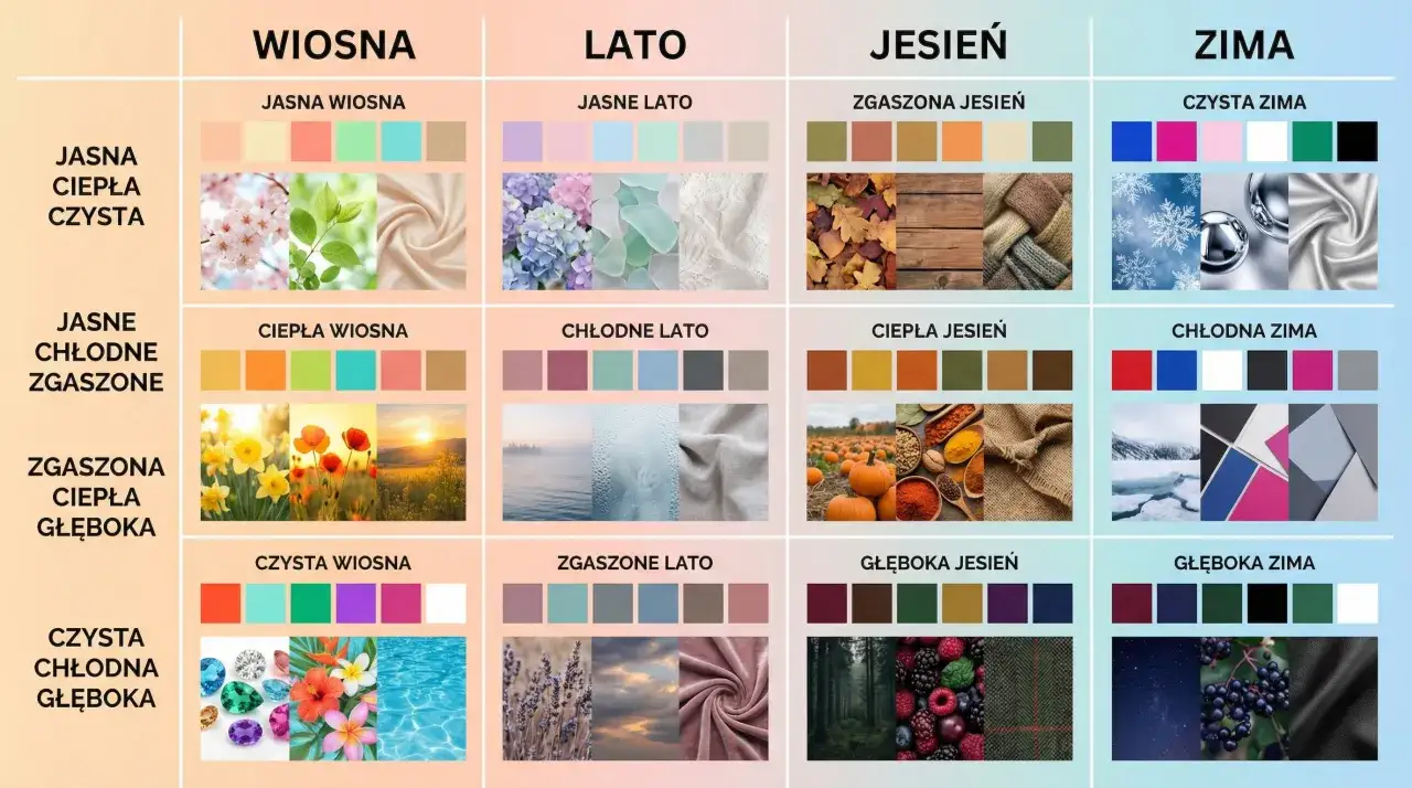 Paleta barw dla typu urody wiosna: jasna, ciepła, czysta. Kolory inspirowane kwitnącymi wiśniami, świeżą zielenią i jedwabiem.