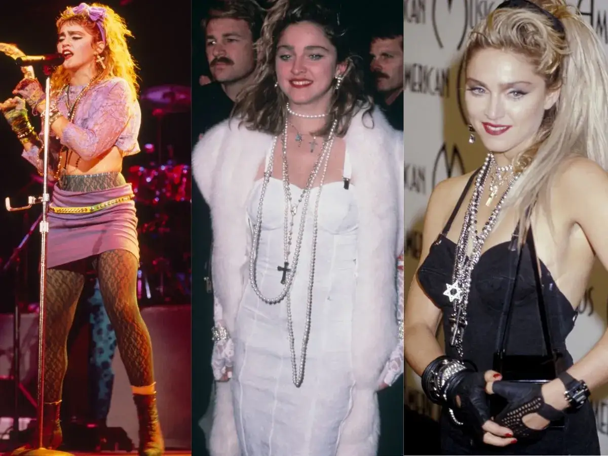 Madonna w trzech odsłonach, uosabiająca ikoniczny styl lat 80. z charakterystycznymi dodatkami i odważnymi kreacjami.
